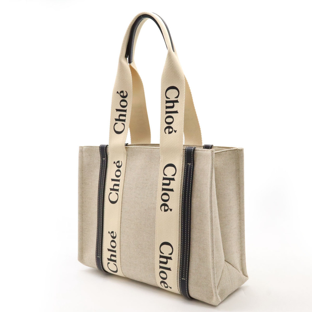 Chloe Shoulder Tote Bag Navy Canvas Blue Beige Woody